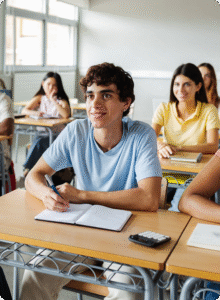 Estudantes atentos em uma sala de aula